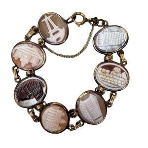 Vintage 7 Wonders of the World Carved Shell Cameo Bracelet 12K GF Architecture